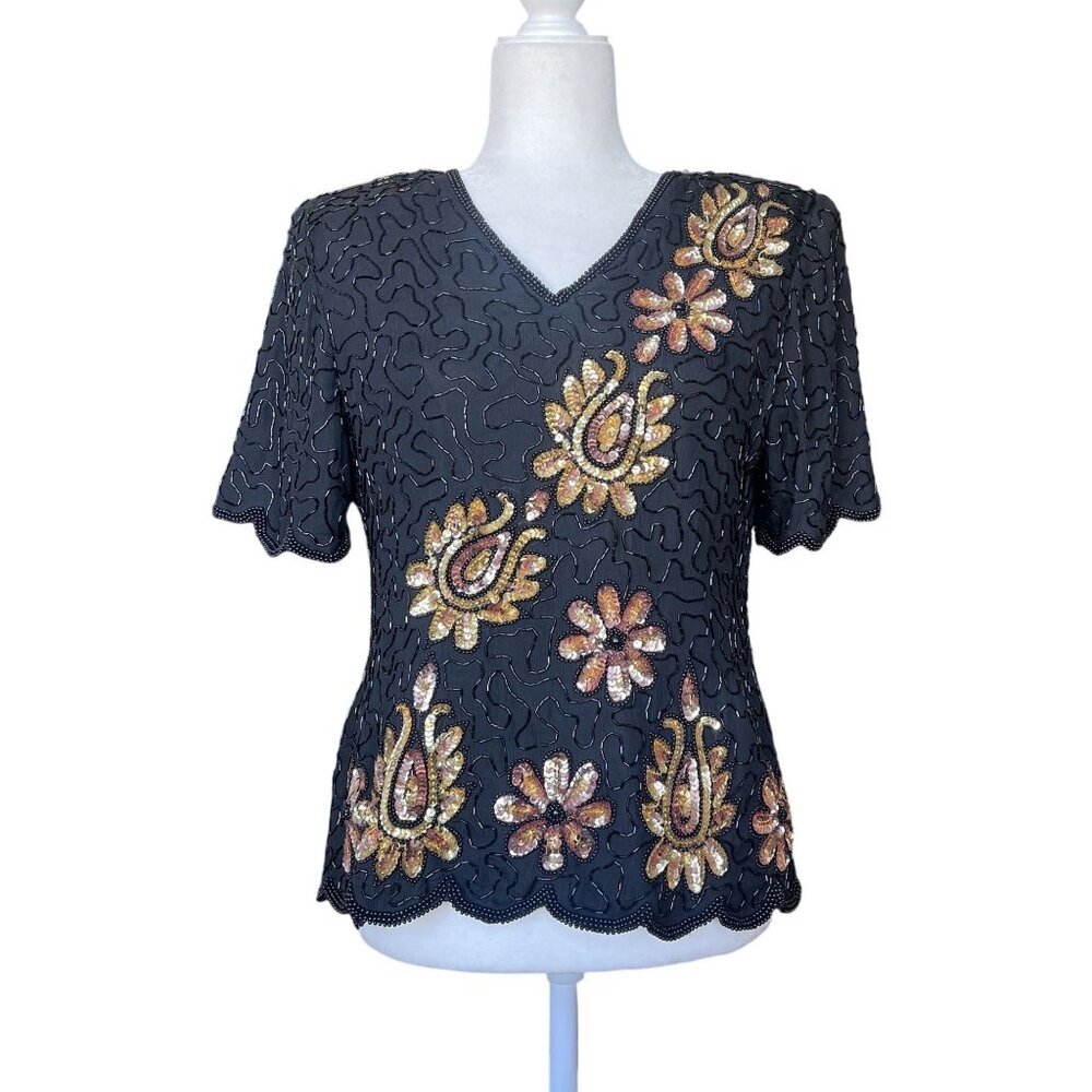 Vintage Stenay Sequin Beaded‎ Top 70's Floral Gold Disco 100% Silk Sparkle Fairy